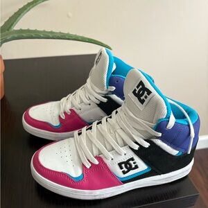 DC High-Top Sneakers in White, Pink & Blue